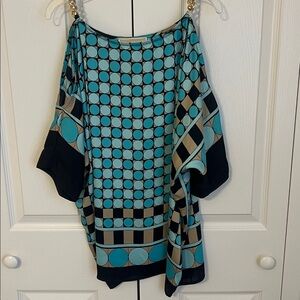 Michael Kors Turquoise and Black Geometric Chain-Shoulder Blouse